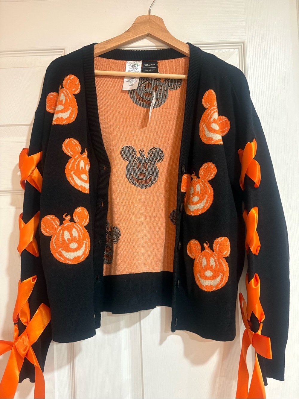 Disney Black Cardigan with Orange Pumpkin Mickeys and Ribbon Sleeves